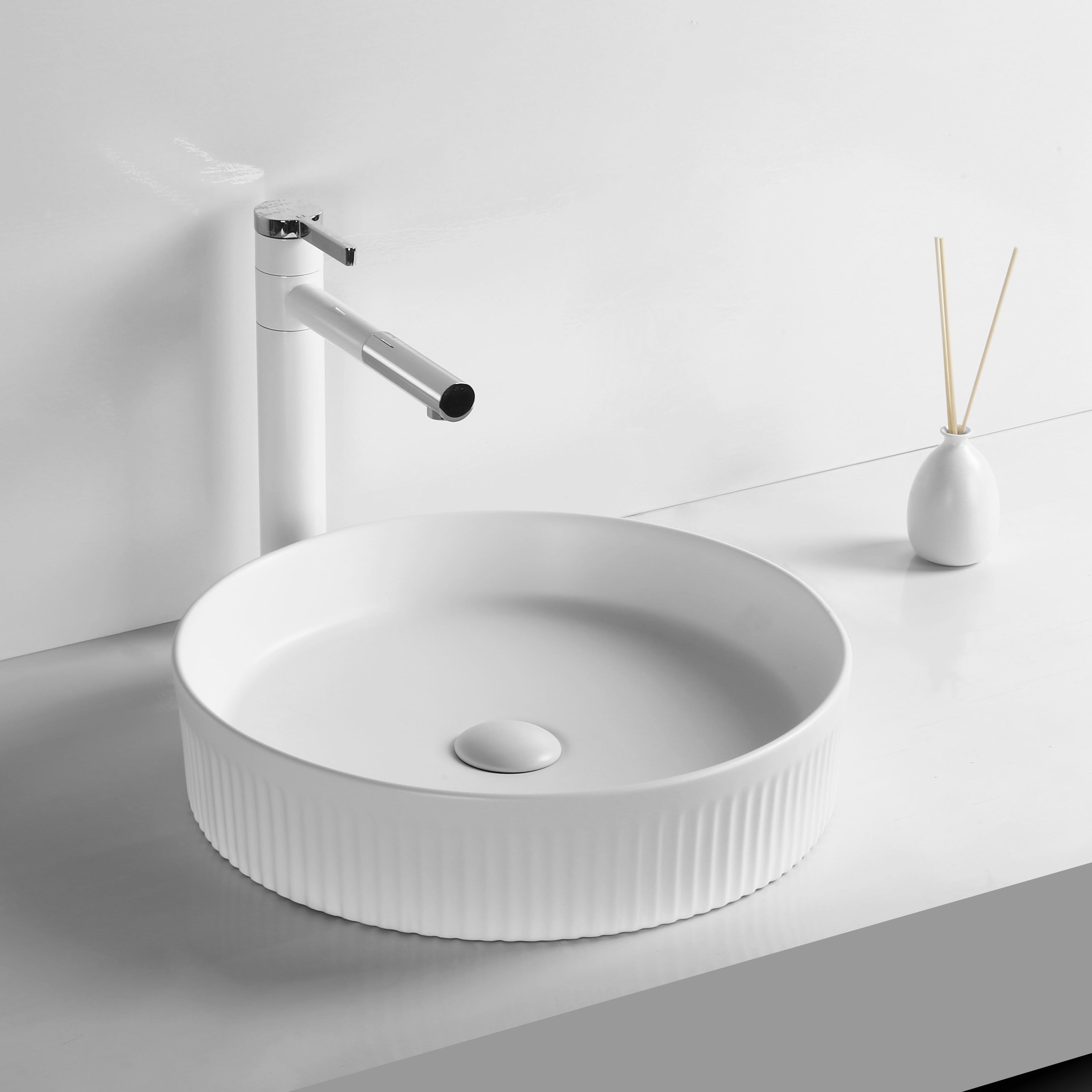 ROUND FLUTED MATT WHITE BASIN IA072MW Deco Tiles and Bathroom